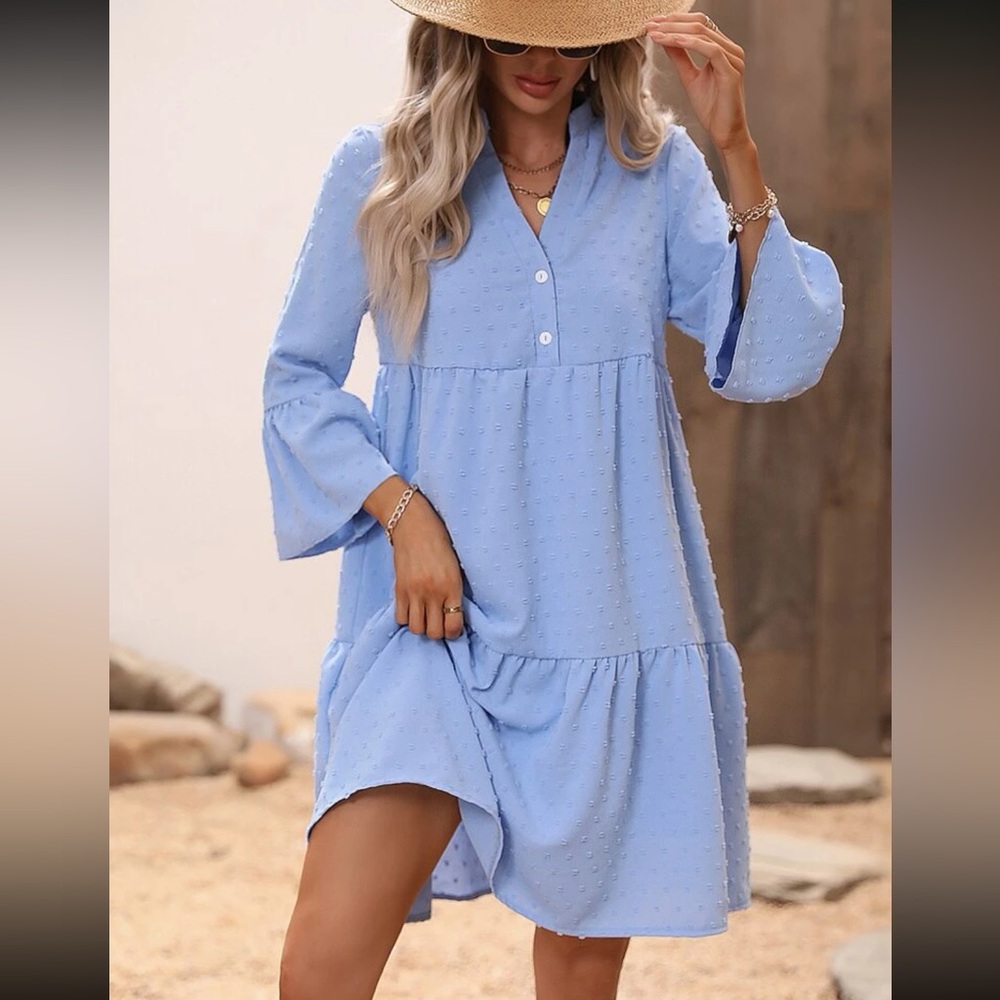 2/$30 Swiss dot texture flounce sleeve ruffle hem smock long sleeve dress blue